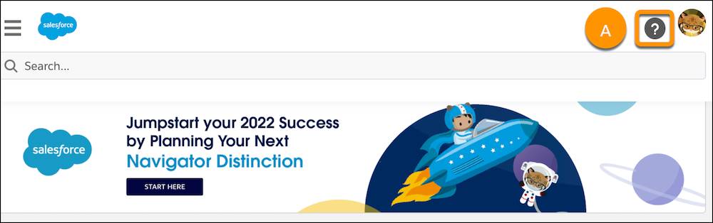 The Salesforce Partner Community homepage with a highlight on a question icon (A)