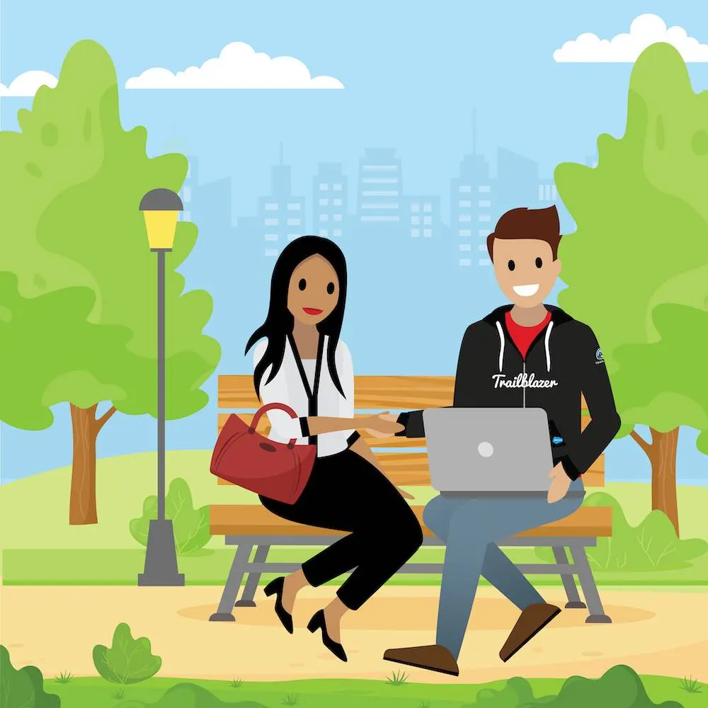 Get Cloudy Consulting’s Leung Chan and a Salesforce Trailblazer sitting on a park bench shaking hands with the San Francisco skyline in the background