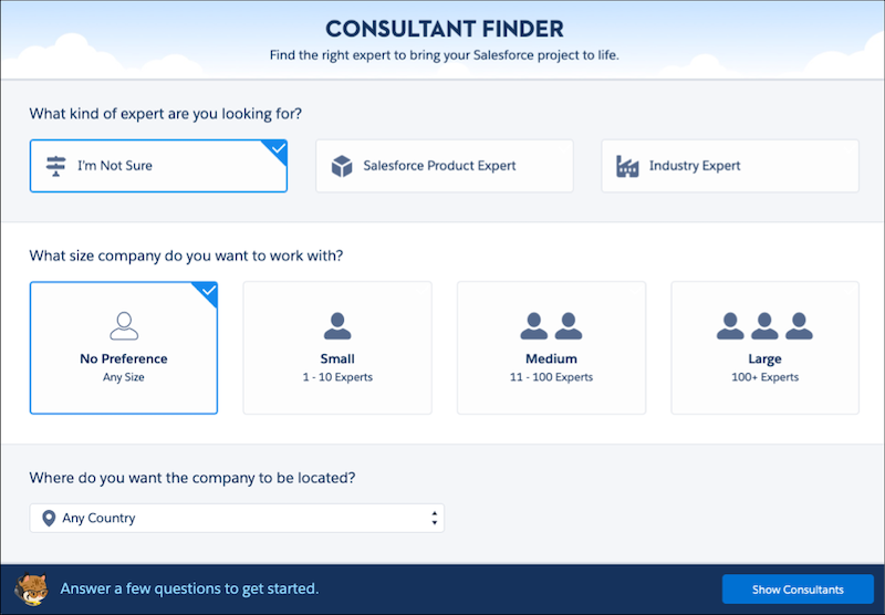 O assistente seletor de consultores do AppExchange