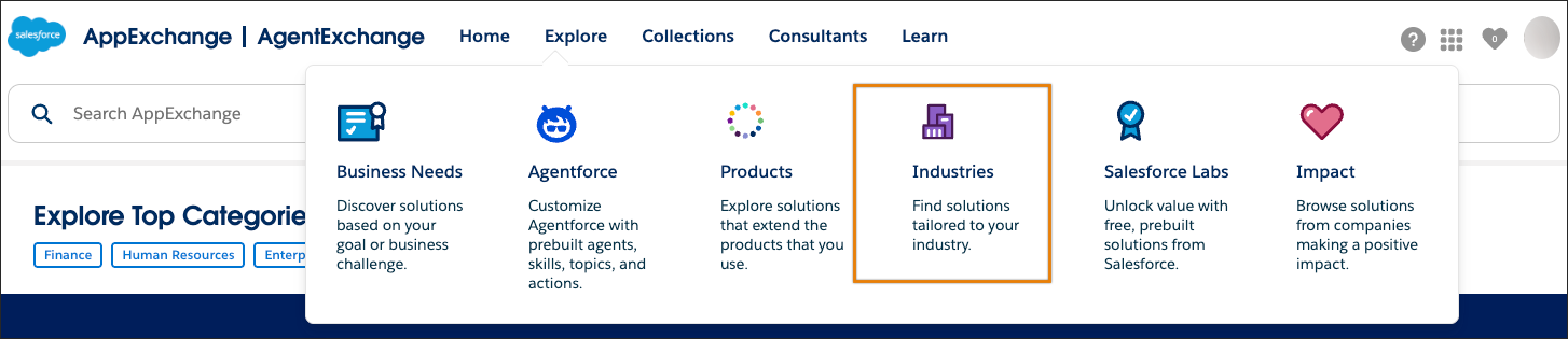 The AppExchange Explore submenu with a highlight on the Industries tile