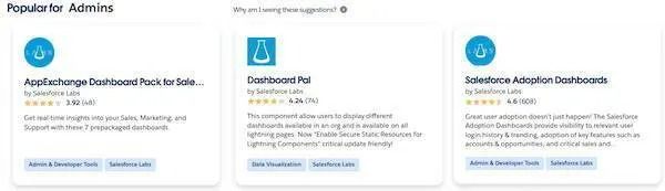 A sample Popular for Admins section with AppExchange solution tiles