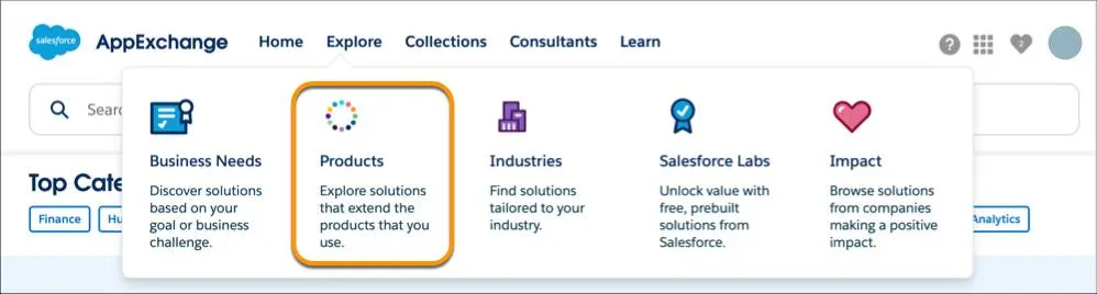 The AppExchange Explore submenu with a highlight on the Products tile