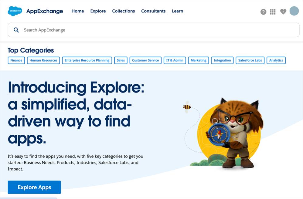 Un ejemplo de vista de la página de inicio de AppExchange
