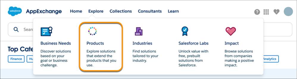 El menú Explore (Explorar) de AppExchange con el título Products (Productos) resaltado