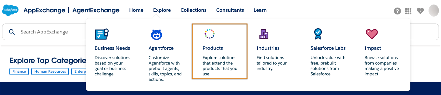 El submenú Explore (Explorar) de AppExchange con el mosaico Products (Productos) resaltado.
