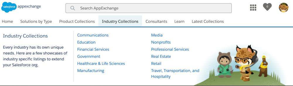 Menu de navigation Industry Collection (Collection par secteur d’activité) sur AppExchange