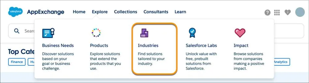 O submenu Explore (Explorar) do AppExchange com um destaque no bloco Industries (Setores)