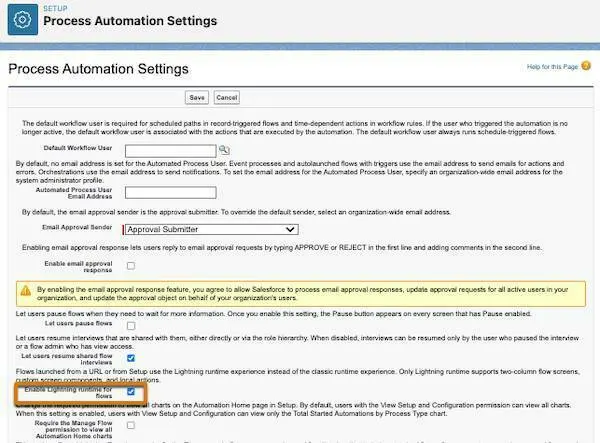 Process automation settings with a highlight on Enable Lightning for runtime flows