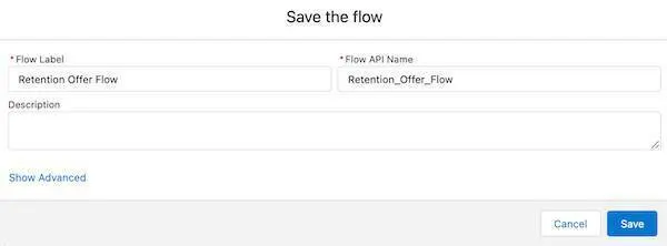 The Save the flow form with callouts on the Flow Label (1) and Save (2)