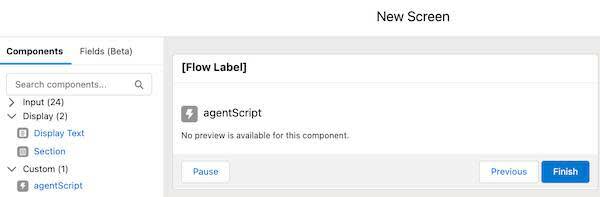 The New Screen form with the agentScript componentt