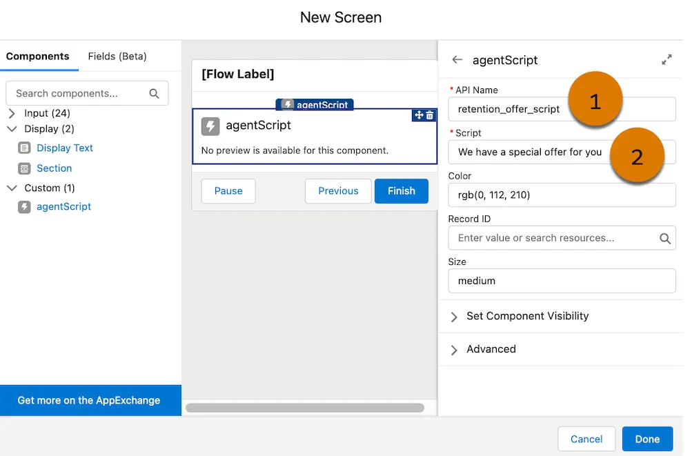 The agentScript configuration form with API Name (1) and Script (2) fields