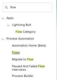 The setup menu with the word Flow in the quick find search box, and a highlight on Flows