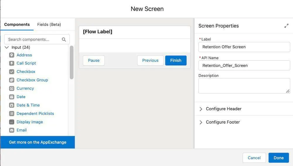 The New Screen form with the Label property label value set to “Retention Differ Screen”