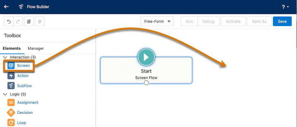 L’interface de Flow Builder, où il est indiqué où faire glisser l’élément Screen (Écran) de la boîte à outils vers la zone de dessin