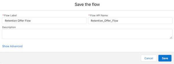 Formulaire Save the flow (Enregistrer le flux) avec des légendes au niveau du champ Flow Label (Étiquette de flux) (1) et du bouton Save (Enregistrer) (2)