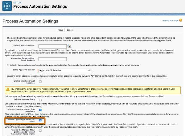 Process Automation Settings (Paramètres d’automatisation des processus) avec l’option Enable Lightning for runtime flows (Activer Lightning pour les flux d’exécution) en surbrillance