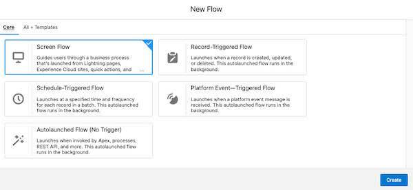 Boîte de dialogue New Flow (Nouveau flux) avec un bouton Create (Créer) et la section Screen Flow (Flux d’écran) mise en surbrillance