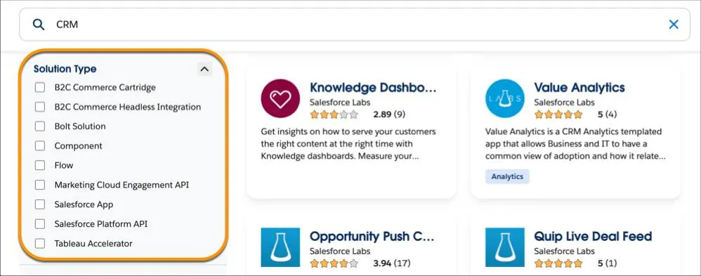 Page des résultats de recherche AppExchange avec la zone Solution Type (Type de solution) mise en surbrillance.