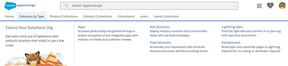 AppExchange の [タイプ別のソリューション] サブメニューにある [アプリケーション]、[Bolt ソリューション]、[フローソリューション]、[Lightning Data]、[コンポーネント] オプション