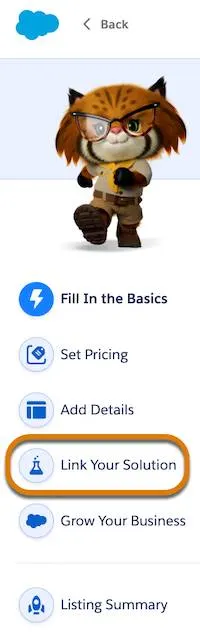 The Partner Console Listing Builder step tracker with Fill In the Basics, Set Pricing, Add Details, Link Your Solution, Grow Your Business. There’s a highlight on Link Your Solution