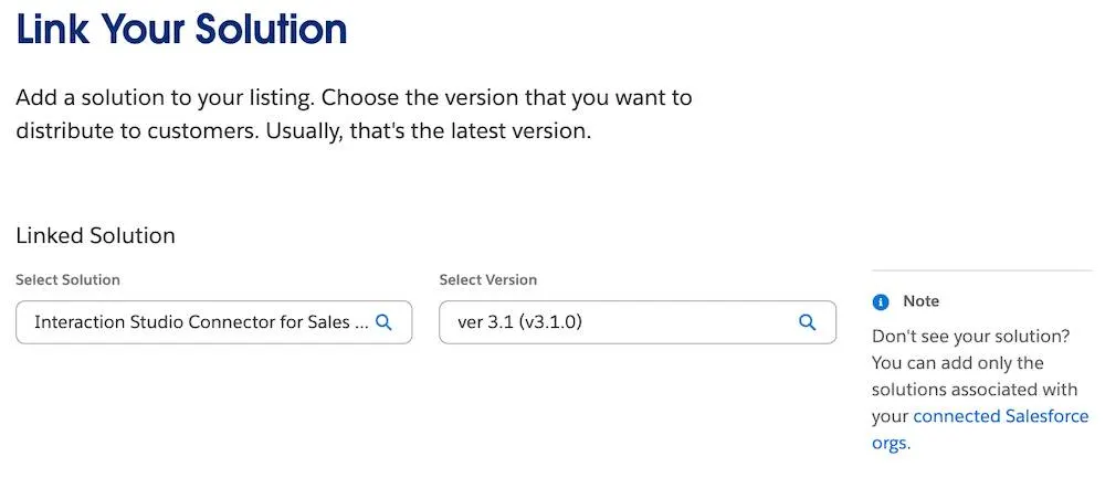 Schritt 'Link Your Solution' (Ihre Lösung verknüpfen) mit dem Abschnitt 'Linked Solution' (Verknüpfte Lösung) und den Suchfeldern 'Select Solution' (Lösung auswählen) und 'Select Version' (Version auswählen) sowie einem Hinweis