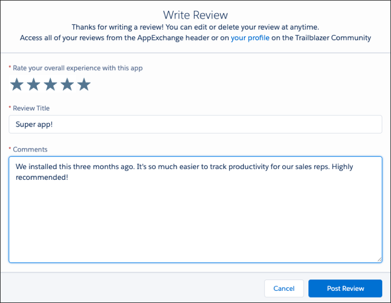 Ventana Write Review (Escribir reseña) con los cuadros Review Title (Título de reseña) y Comments (Comentarios), y los botones Cancel (Cancelar) y Post Review (Publicar reseña)