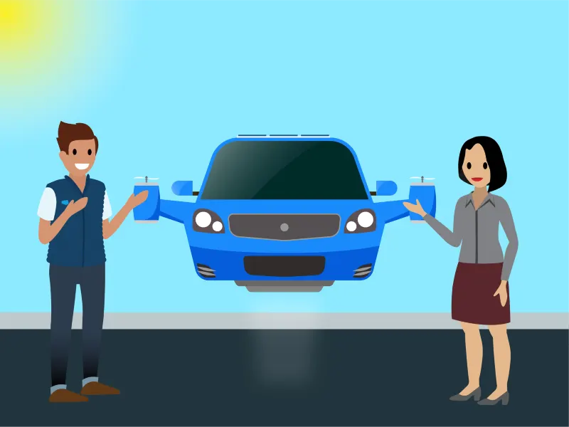Dipendenti di Ursa Major che ammirano la loro ultima innovazione: un'auto volante a energia solare.