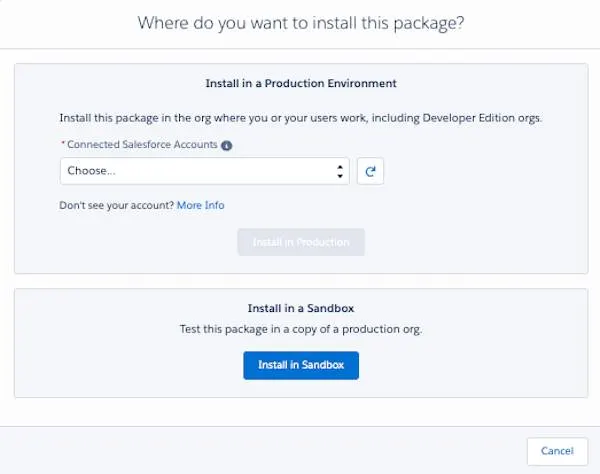 The Where do you want to install this package? window with a highlight on the AppExchange Account Picker.