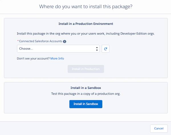 Ventana “¿Dónde desea instalar este paquete?” con el selector de cuentas de AppExchange resaltado