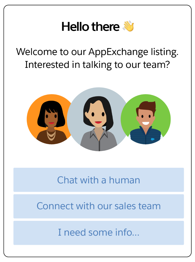 A sample Chat window with Chat with a human, Connect with our sales team, and I need some info... browsing buttons