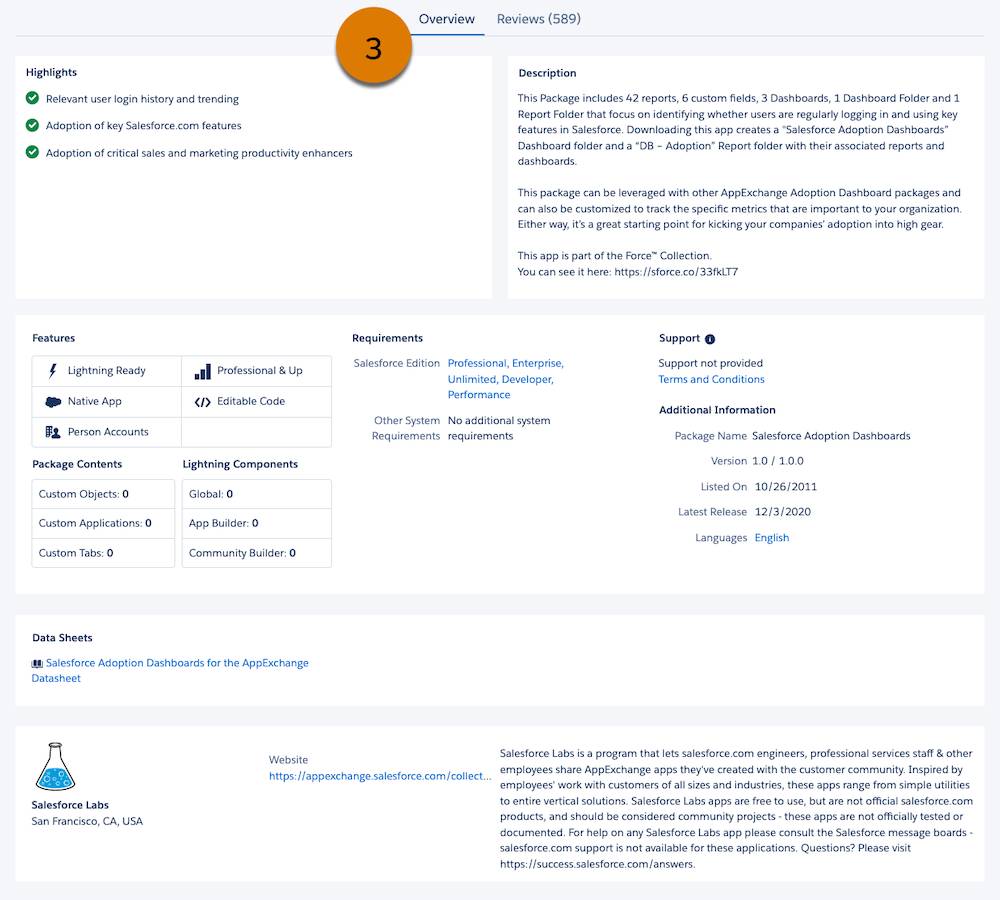 A view of the Overview tab on an AppExchange listing with a callout on Overview (3)