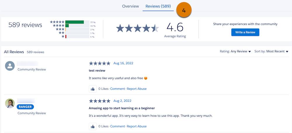 Vista de la ficha Reviews (Reseñas) en una lista de AppExchange con la palabra Reseñas (4) destacada
