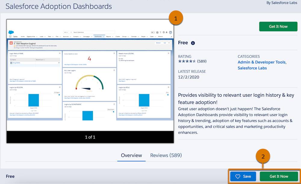 A view of the listing summary section (1) and listing actions bar on an AppExchange listing (2)