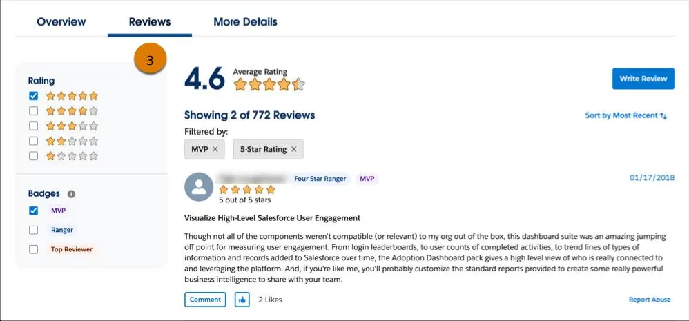 La référence Salesforce Adoption Dashboards avec l’onglet Reviews (Avis) (3) mis en évidence.