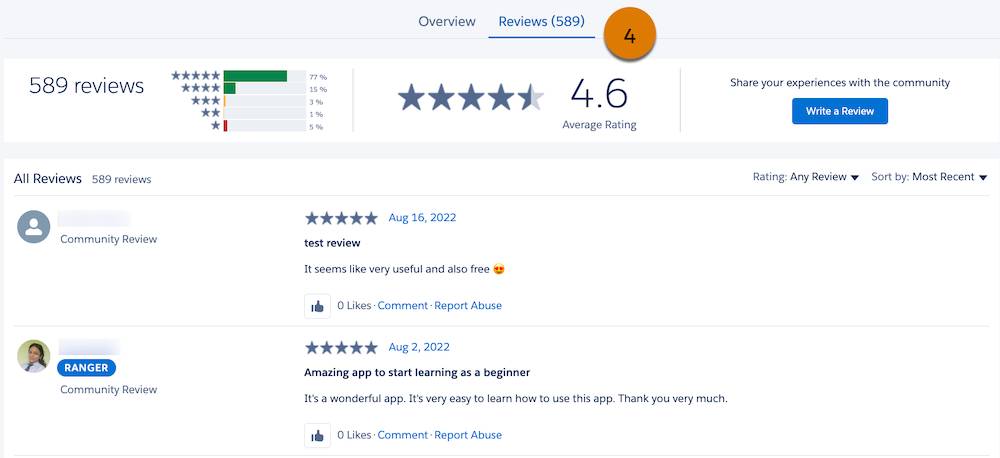 Vue de l’onglet Reviews (Avis) d’une référence AppExchange avec une légende mettant en évidence Avis (4)