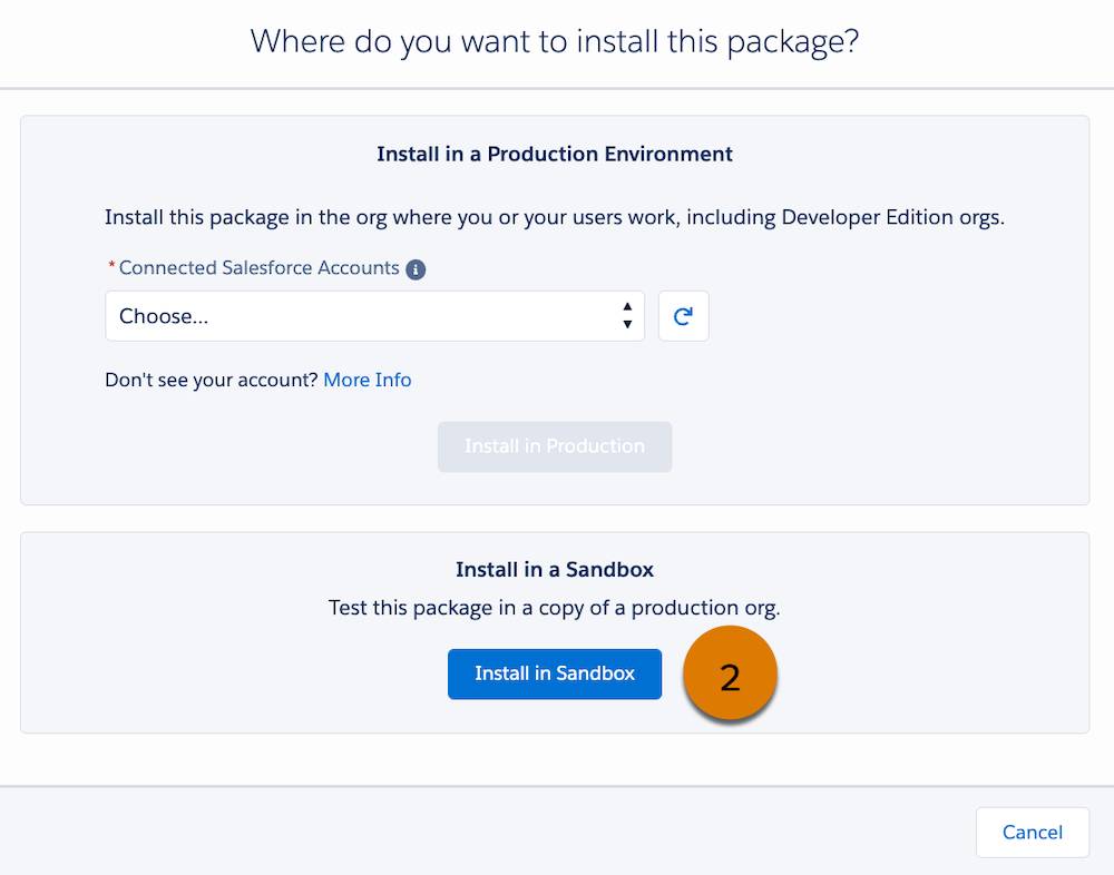 Un esempio della finestra "Where do you want to install this package?" (Dove vuoi installare questo pacchetto?) con un pulsante "Install in a Sandbox" (Installa in una sandbox) (2).