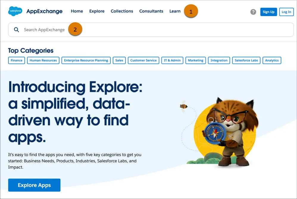 A view of the search box and the top-level navigation menu on the AppExchange home page with callouts on the navigation bar (1) and search bar (2).