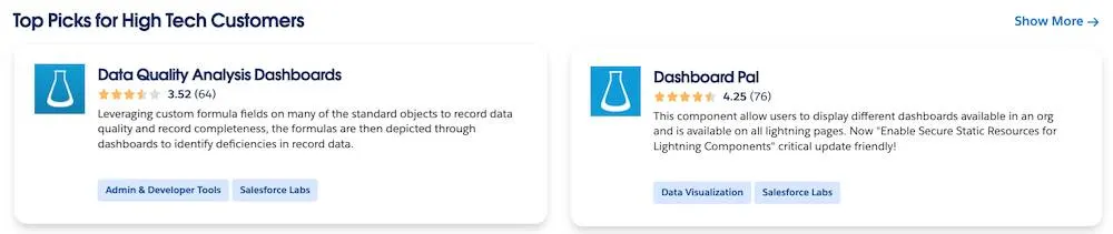 A sample Top Picks for High Tech Customers section with AppExchange solution tiles.