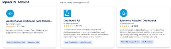 A sample Popular for Admins section with AppExchange solution tiles