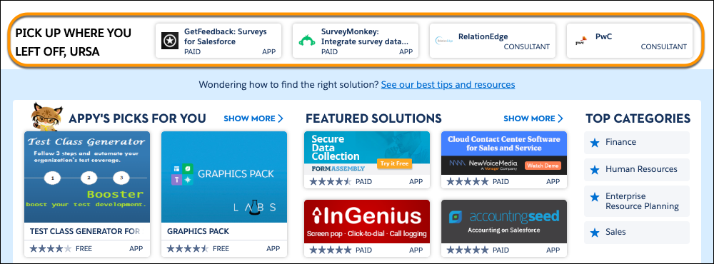 The AppExchange home page with a circle around the Pick Up Where You Left Off section