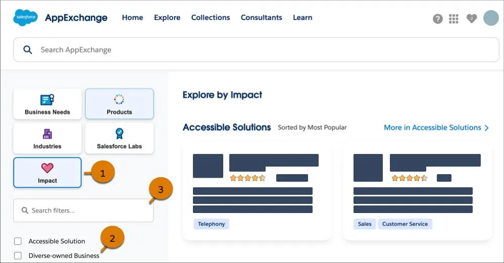 The Explore page with highlights on the Impact tile (1), Diverse-owned Business filter (2), and the filter search field (3)