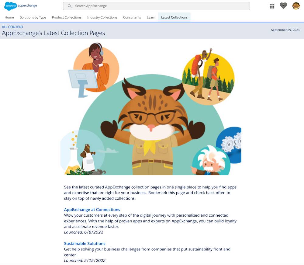 Exemple des pages Dernières Collections d’AppExchange