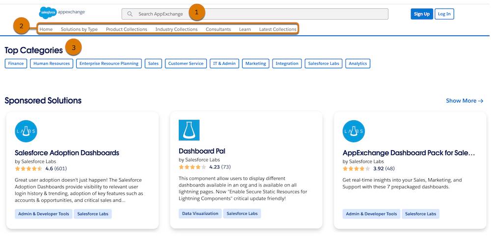 Vue de la zone de recherche et du menu de navigation de niveau supérieur sur la page d’accueil d’AppExchange avec des légendes mettant en évidence la recherche dans AppExchange (1), la barre de navigation (2) et Top Categories (Principales catégories) (3)