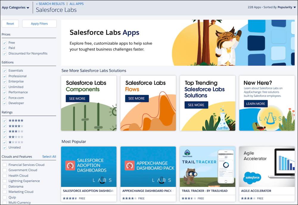 Page des applications Salesforce Labs avec des vignettes de références