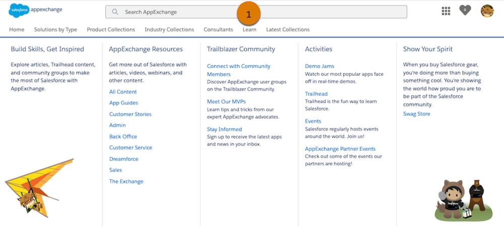 Vista de la ficha Aprender con fichas de subnavegación en la página de inicio de AppExchange