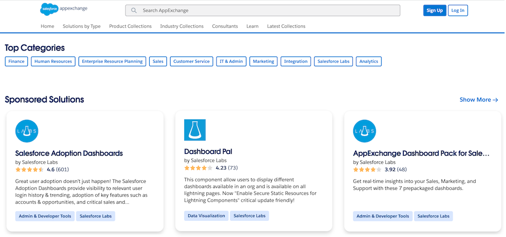 Una vista della pagina iniziale di AppExchange