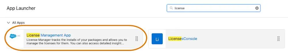 App Launcher with a highlight on the License Management App