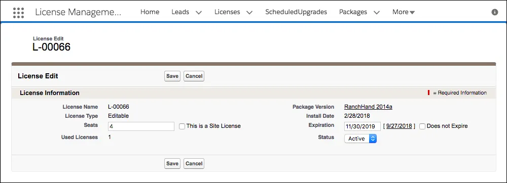 The License record, where you modify the terms of a customer’s license