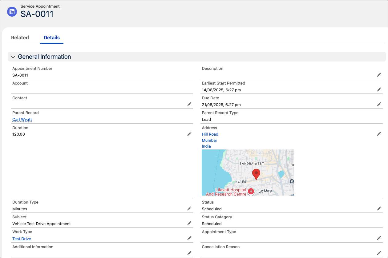 Details tab of a service appointment for the scheduled test drive.