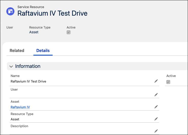 Service resource record for the new car model.